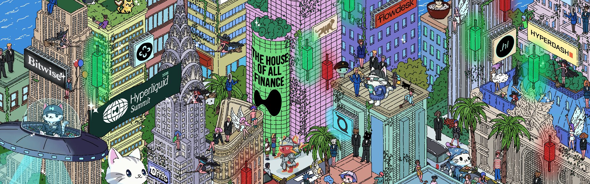 Detail of the Hyperliquid Summit 2026 mural: an isometric pixel-art New York skyline with candlestick lights